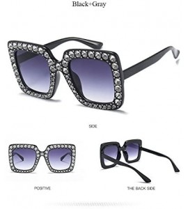 Round Square Oversize Women Sunglasses UV Mirror Retro Crystal Rim Brand Desginer Glasses - Black - CB180EMCZ7Y $25.00