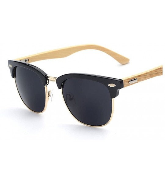 Oval Clubmaster Hand-made Bamboo Wood Sunglasses - Black/Gold - CE17XMQNRWQ $34.43