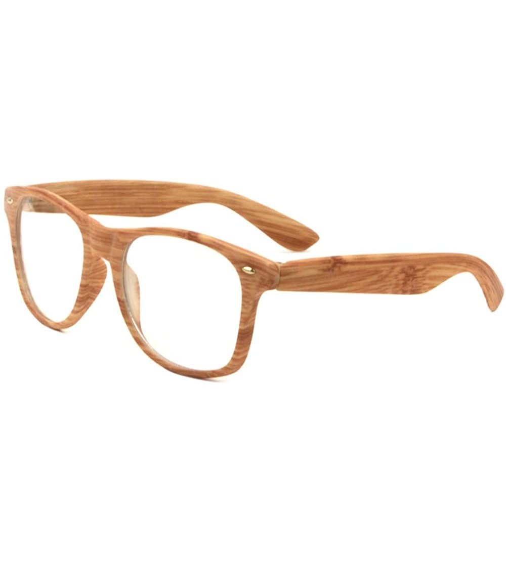 Square Faux Bamboo Wood Print Square Sunglasses w/Clear Lenses - Medium Brown Frame - CV1860YOGMW $17.89