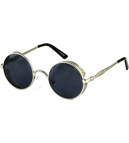 Round Gothic Steampunk Sunglasses Women Men Round Lens Metal Frame Side Shield - Silver - Black - CP11HW7R04Z $18.97