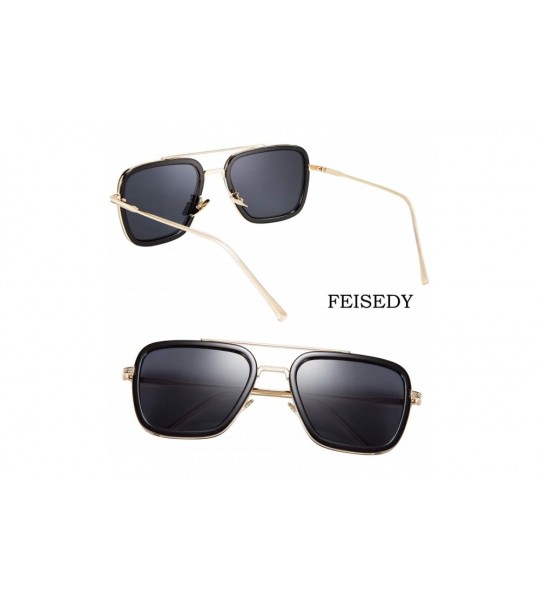 Rectangular Retro Square Sunglasses Tony Sunglasses Trendy Gradient Lens B2510 - Black-gold - CH18W7IQ4LL $28.83