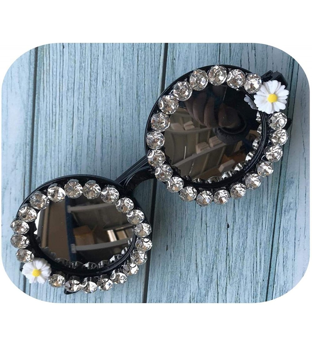 Oval Gorgeous Women Sunglasses Crystal Diamond Handmade Round Eyewear UV400 Mirror Lens Flower Summer Sun Glasses - C1 - CW19...
