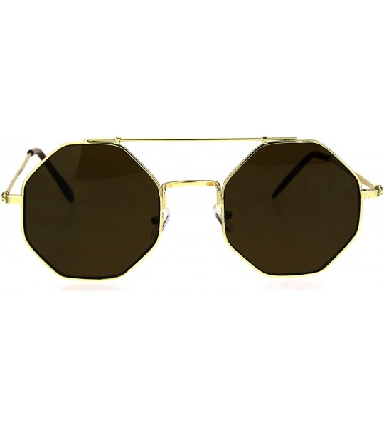 Oversized Mens Squared Octagon Groovy Hippie Flat Top Metal Rim Sunglasses - Gold Brown - CB17Z4HWX3U $22.87