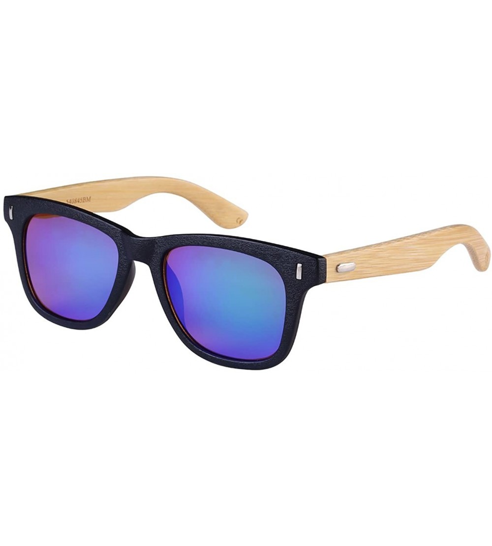 Wayfarer Horned Rim Wood Bamboo Sunglasses Mirrored Lens 540845BM - Green Lens - C5124QYM9Y7 $22.72