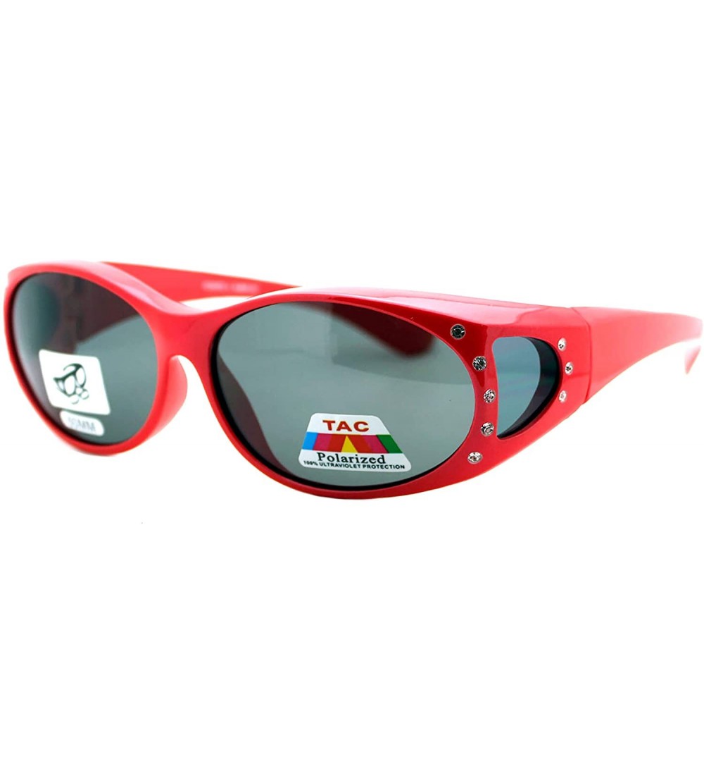 Oval Polarized Lens Fit Over Glasses Sunglasses Womens Oval Frame Rhinestones - Red - CY12HFY850R $19.27
