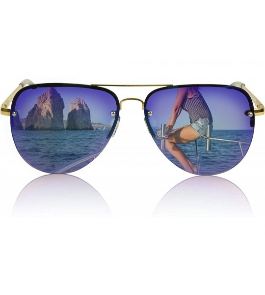 Sport Aviator Sunglasses For Women And Men Big Half Rimmed Glasses UV400 - Gold Frame - Peacock Mirrored Lens - CZ18EG840C2 $...