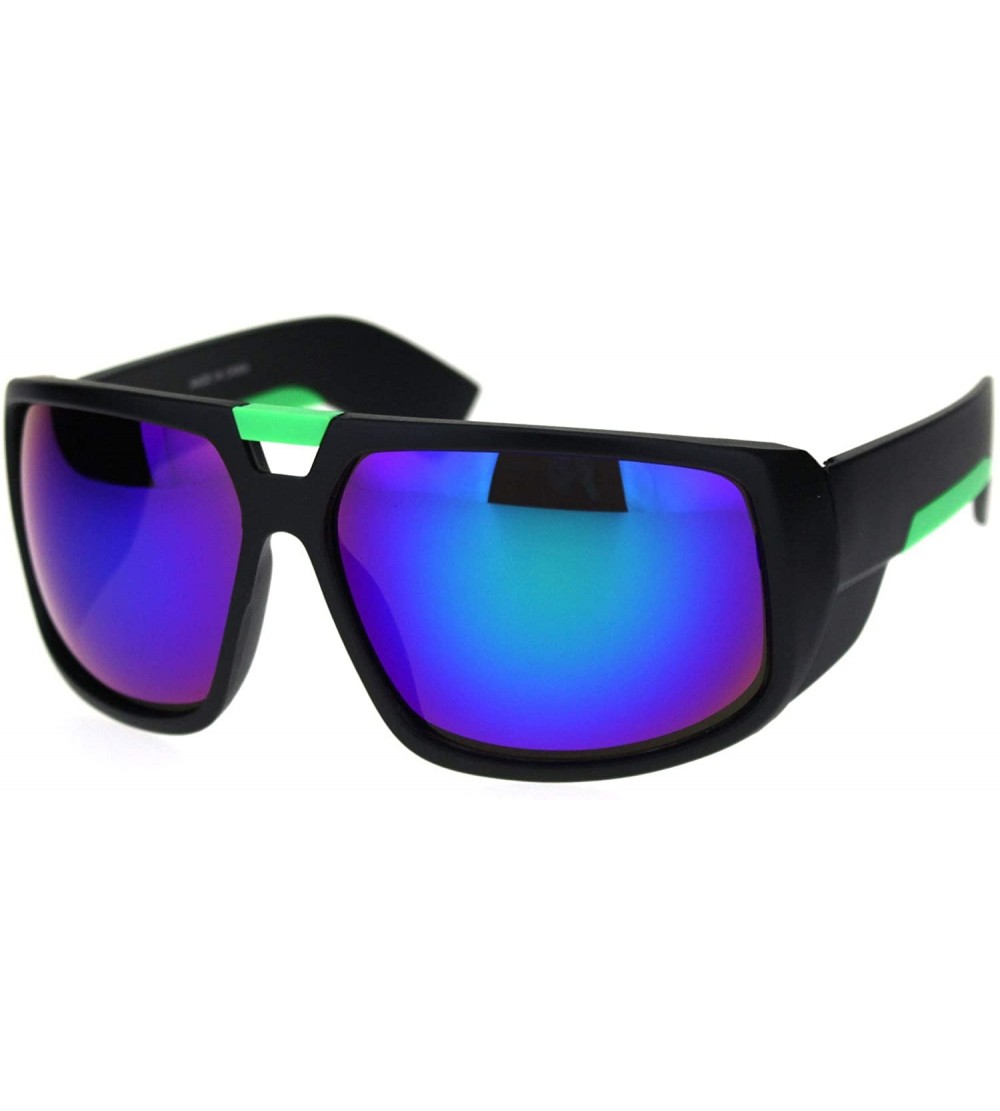 Sport Matte Plastic Oversize Flat Top Racer Sport Mens Sunglasses - Black Green Teal Mirror - CJ18R6LXDIM $18.71