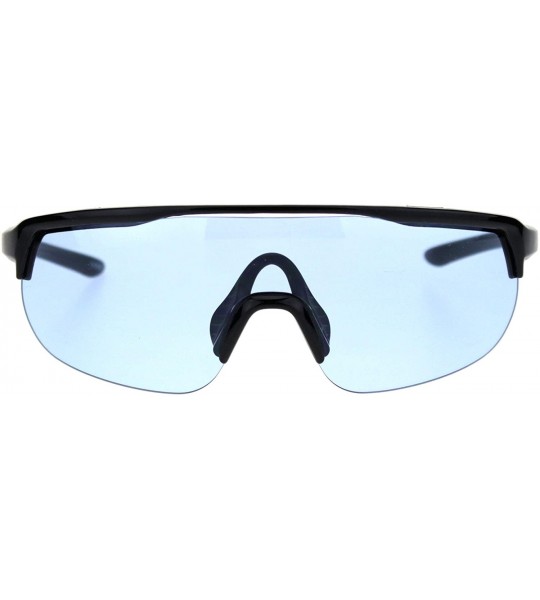 Rectangular Retro Exposed Lens Oversize Shield Robotic Half Rim Sunglasses - Shiny Black Blue - CL18SHZ4T58 $23.12