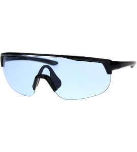 Rectangular Retro Exposed Lens Oversize Shield Robotic Half Rim Sunglasses - Shiny Black Blue - CL18SHZ4T58 $23.12