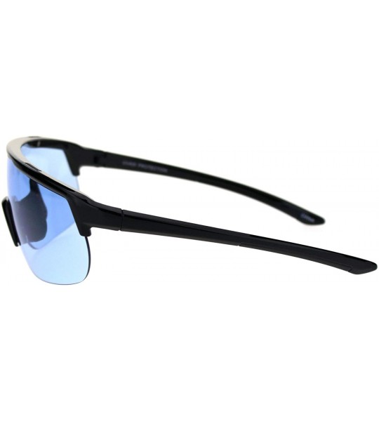 Rectangular Retro Exposed Lens Oversize Shield Robotic Half Rim Sunglasses - Shiny Black Blue - CL18SHZ4T58 $23.12