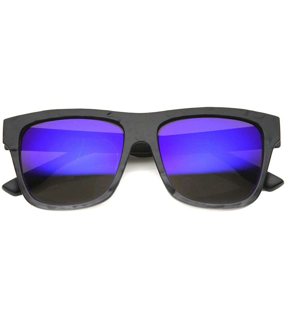 Wayfarer Classic Rectangular Flat Top Wrinkle Textured Flash Mirror Horn Rimmed Sunglasses 54mm - Matte-black / Purple - CZ12...