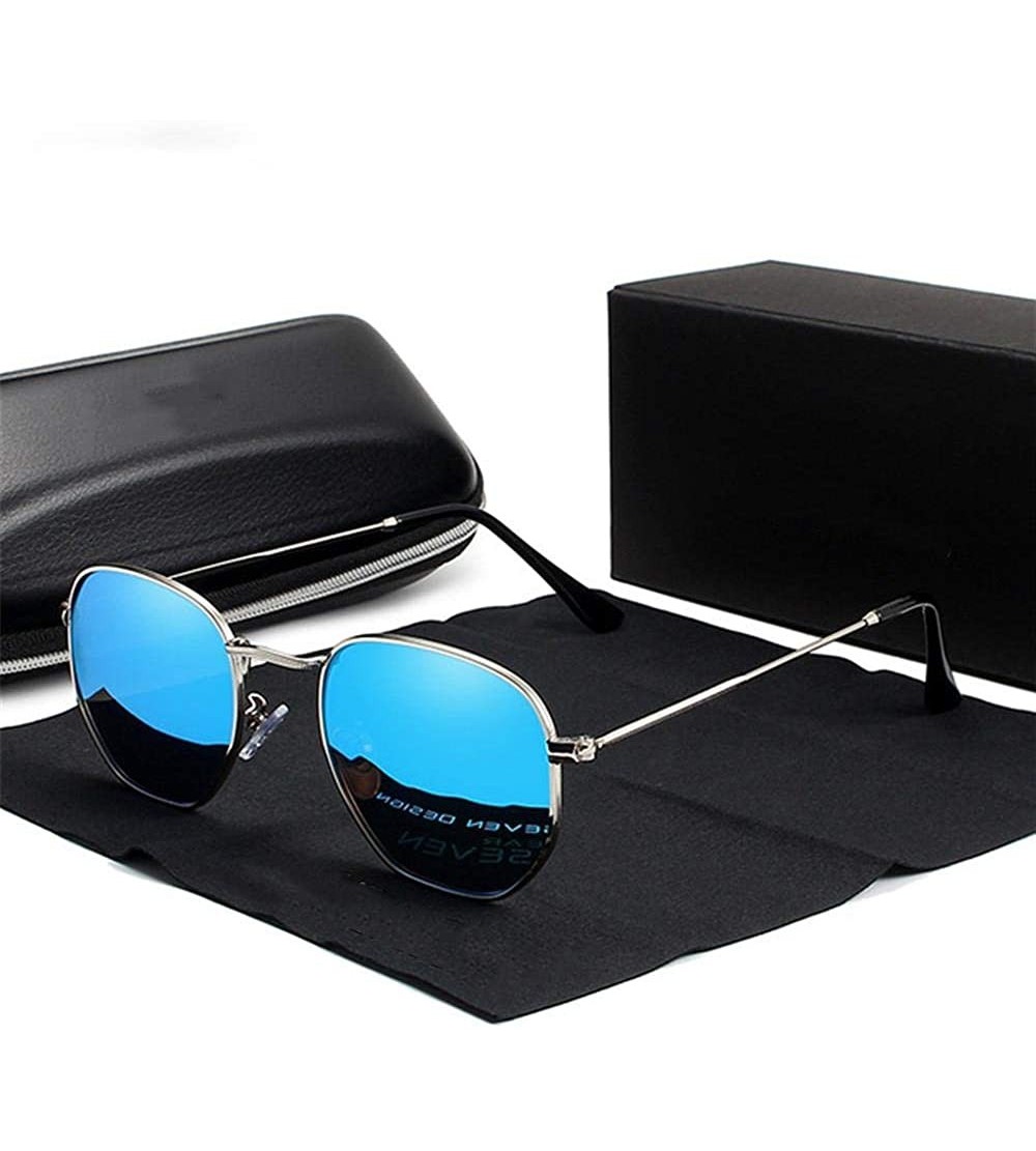 Oversized Men's classic retro reflective sunglasses sunglasses stainless steel hexagonal glasses - Silver Blue - CZ1982WUQK0 ...