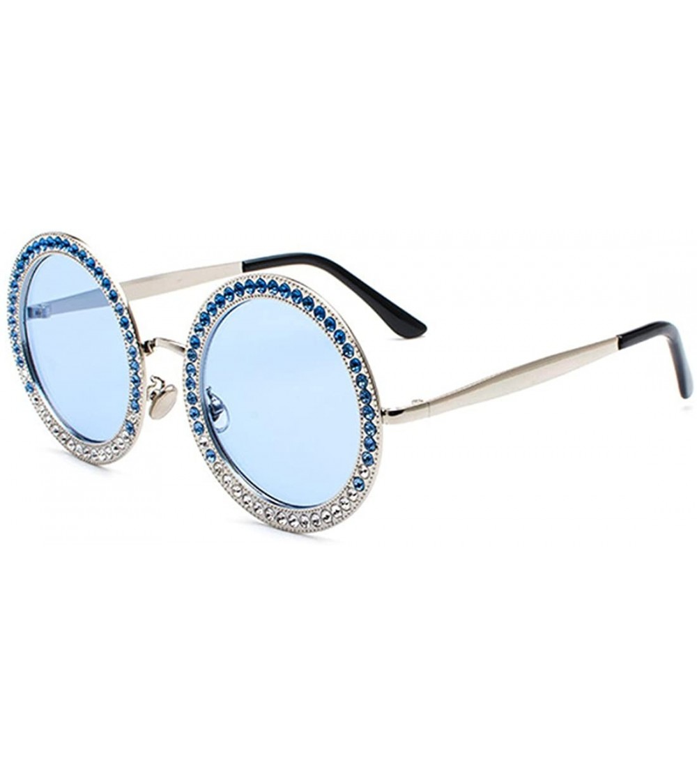 Semi-rimless Women Round Rhinestone Sunglasses Metal Frame Polycarbonate lens - Silver Blue - C418EOD7MKN $23.38