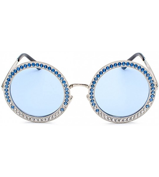 Semi-rimless Women Round Rhinestone Sunglasses Metal Frame Polycarbonate lens - Silver Blue - C418EOD7MKN $23.38