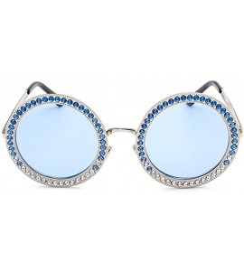 Semi-rimless Women Round Rhinestone Sunglasses Metal Frame Polycarbonate lens - Silver Blue - C418EOD7MKN $23.38