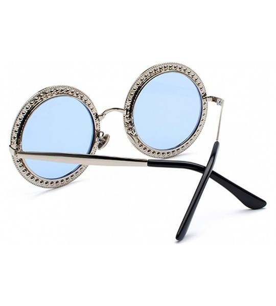 Semi-rimless Women Round Rhinestone Sunglasses Metal Frame Polycarbonate lens - Silver Blue - C418EOD7MKN $23.38