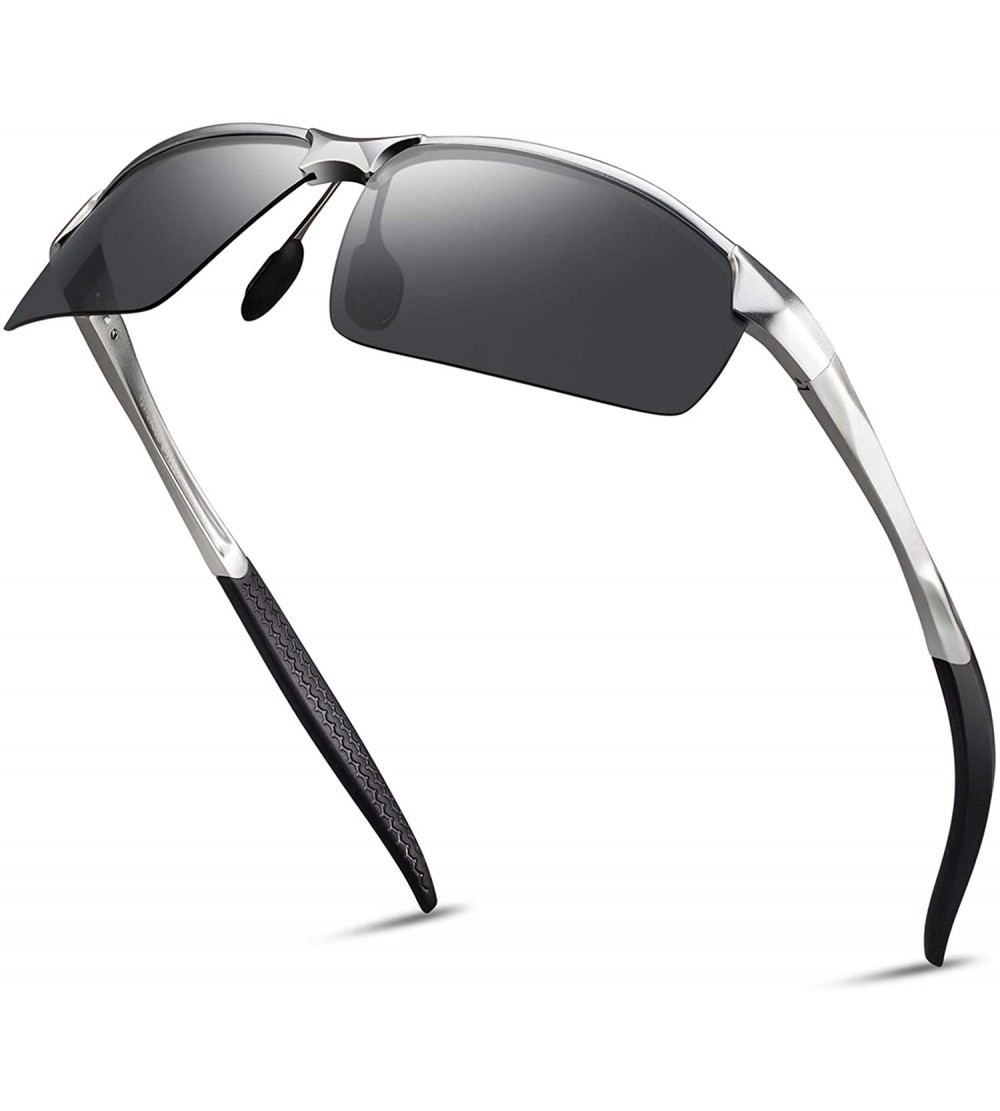 Semi-rimless Sunglasses for Men Polarized Sport Sunglasses for Men - Silver Frame Gray Lens - CS18SQQ4RZE $41.63