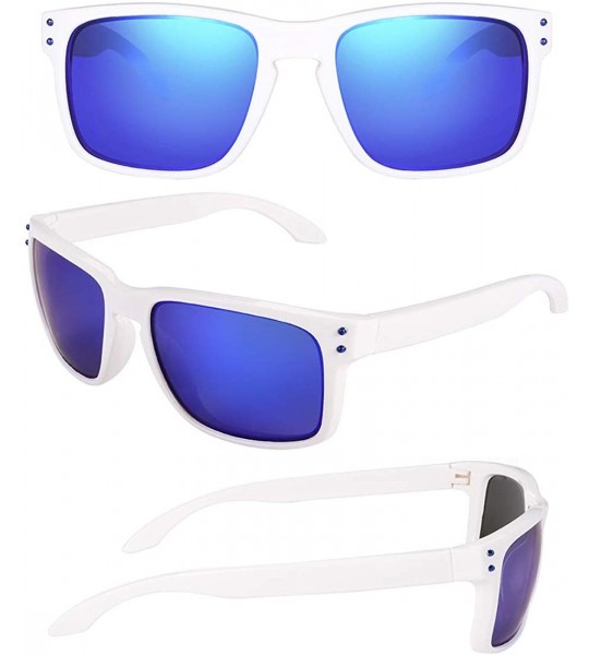 Sport Polarized Sport Sunglasses Unisex Mirrored Square Shades for Driving Fishing TR90 - White/Blue - C318TD06S36 $28.76