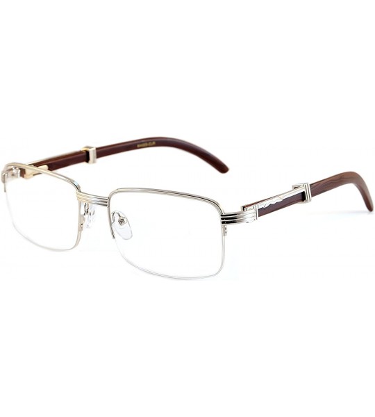 Oval Vintage Semi-Rimless Clear Lens Metal & Wood Feel Eyeglasses A074 - Silver/ Dark Brown - C1189Q4EN5C $26.62