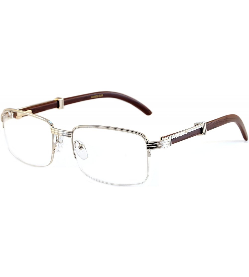 Oval Vintage Semi-Rimless Clear Lens Metal & Wood Feel Eyeglasses A074 - Silver/ Dark Brown - C1189Q4EN5C $26.62