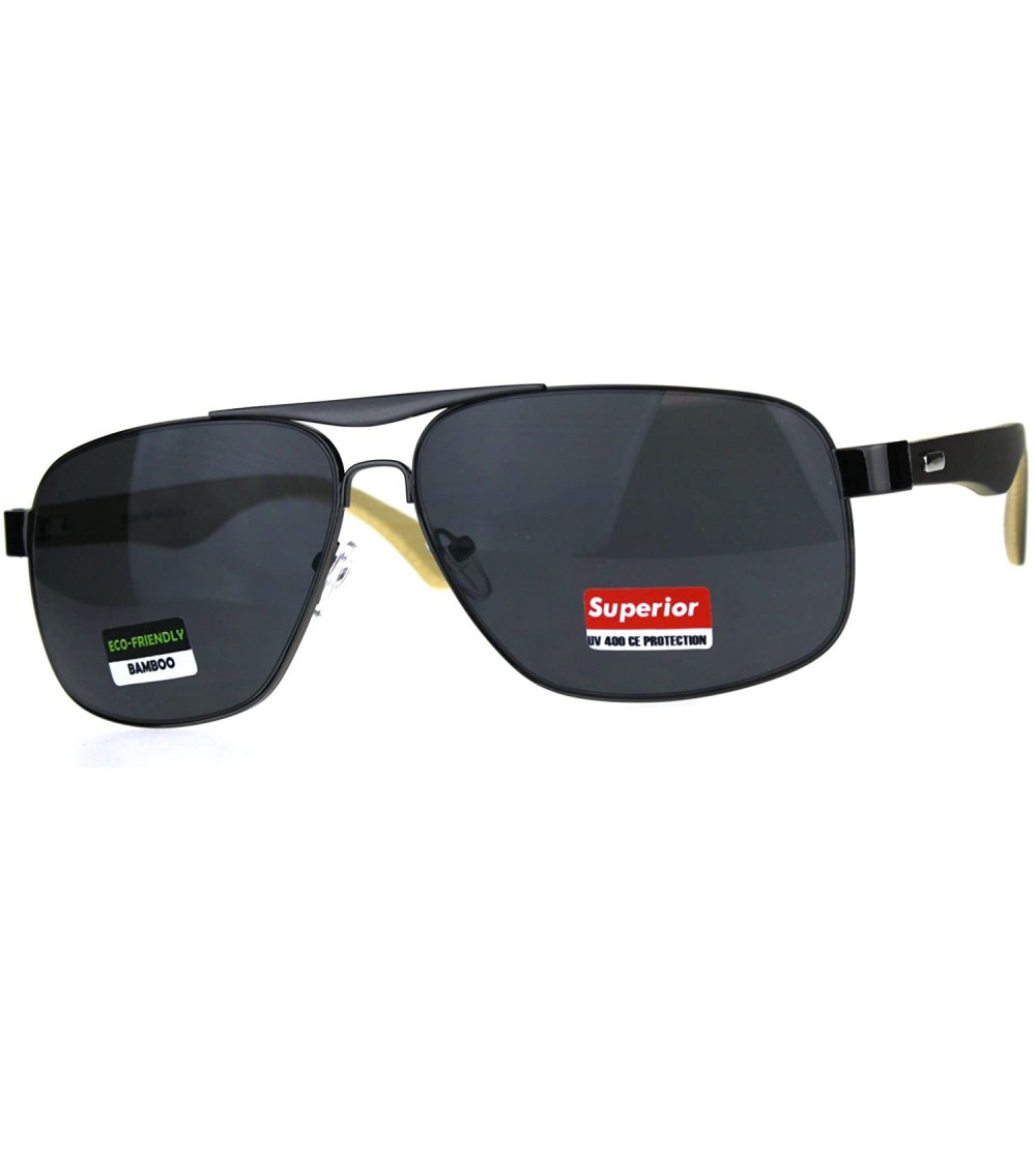 Rectangular Mens Narrow Metal Pilots Officer Bamboo Wood Arm Sunglasses - Gunmetal Black - CS180AM5UST $26.72