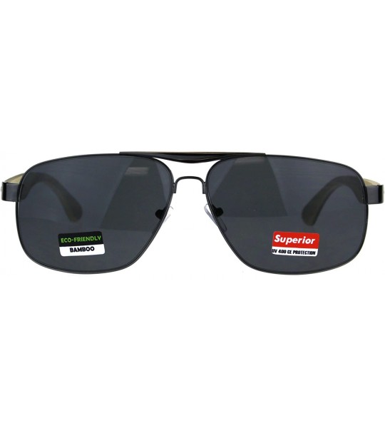 Rectangular Mens Narrow Metal Pilots Officer Bamboo Wood Arm Sunglasses - Gunmetal Black - CS180AM5UST $26.72