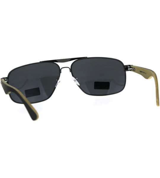 Rectangular Mens Narrow Metal Pilots Officer Bamboo Wood Arm Sunglasses - Gunmetal Black - CS180AM5UST $26.72