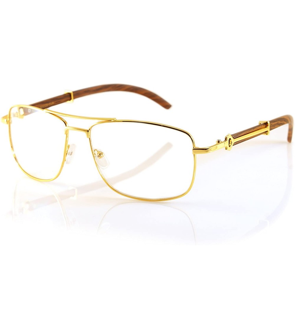 Aviator Unisex Vintage Officer Style Clear Lens Metal & Wood Rectangle Glasses A143 - Gold/ Brown - CF18CGCD9TQ $25.84