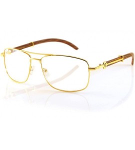 Aviator Unisex Vintage Officer Style Clear Lens Metal & Wood Rectangle Glasses A143 - Gold/ Brown - CF18CGCD9TQ $25.84