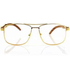 Aviator Unisex Vintage Officer Style Clear Lens Metal & Wood Rectangle Glasses A143 - Gold/ Brown - CF18CGCD9TQ $25.84