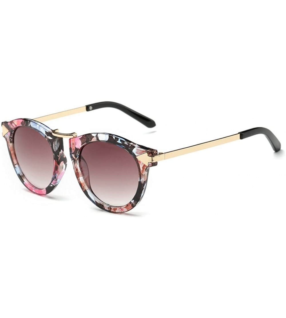 Round Women's Fashion Round Cat Eye Sunglasses Flash Mirror Lens Metal Frame UV400 - Flower/Light Red - CE12IACCJIL $37.30