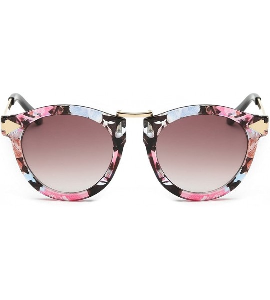 Round Women's Fashion Round Cat Eye Sunglasses Flash Mirror Lens Metal Frame UV400 - Flower/Light Red - CE12IACCJIL $37.30