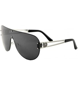 Oversized Lion Head Medallion Oversized Flat Top Luxury Shield Aviator Sunglasses - Silver Metallic Frame - CA18U0ODDX3 $25.76