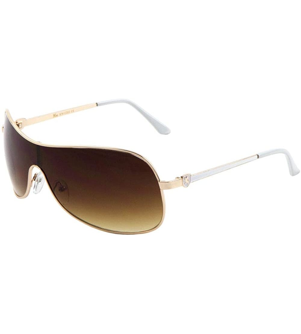 Shield Color Bar Thin Temple Thin Frame One Piece Curved Shield Lens Sunglasses - Brown Gold White - CL199GAIQ4L $34.51