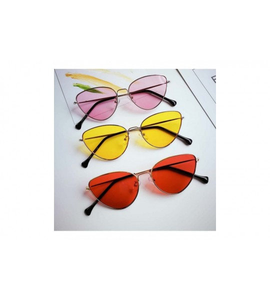 Round Retro Cat Eye Sunglasses Women Yellow Red Lens Sun Glasses Fashion Light Weight Sunglass Vintage Metal Eyewear - CW197Y...