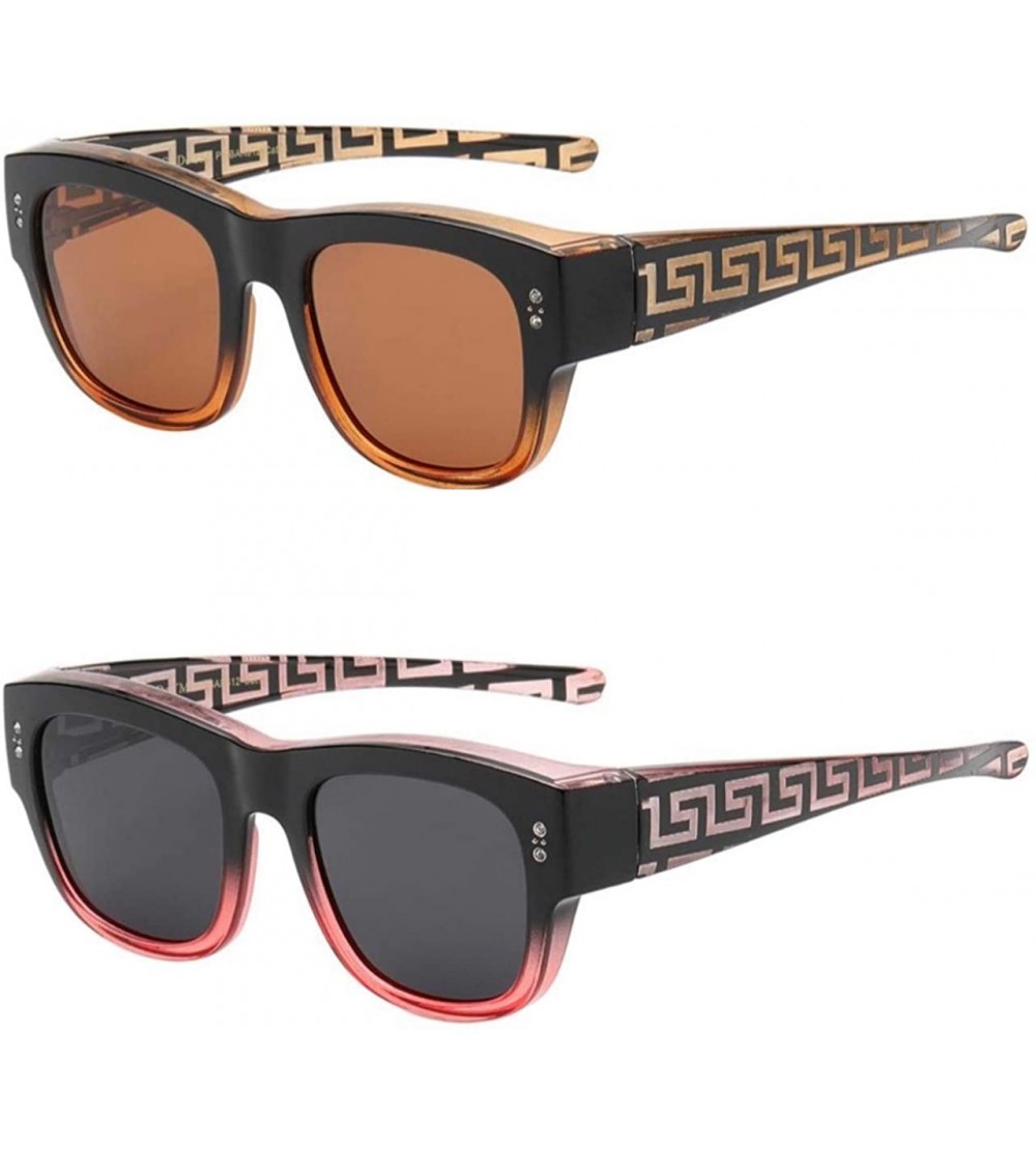 Wrap The Finesse Polarized Colorful Two Tone Ombre Fit Over OTG Rectangular Squared Sunglasses - Brown Red - CD199MO53MI $45.30