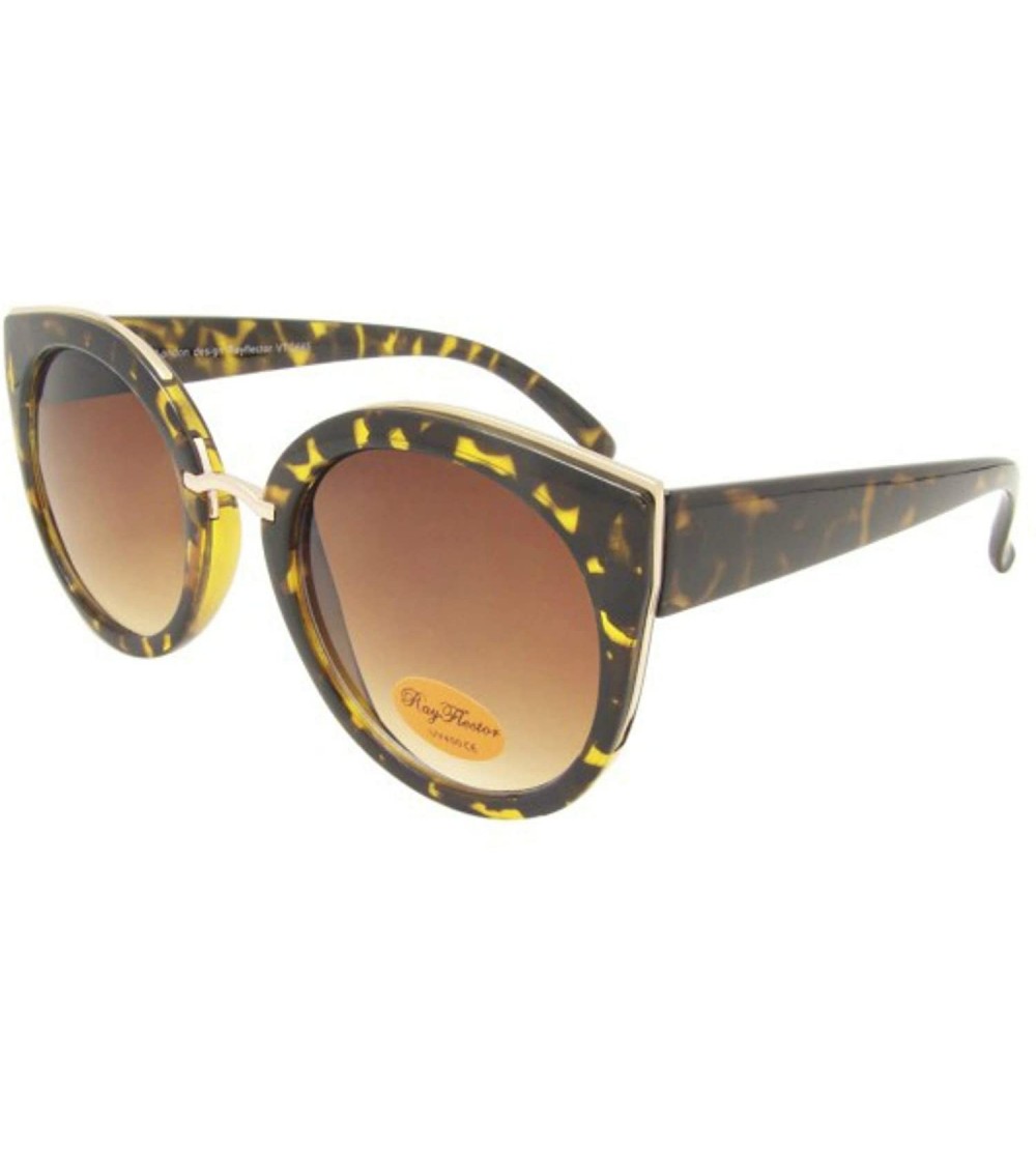 Round Round Metal Trim Cat Eye Sunglasses - Tortoiseshell Brown - CA197XOA7OO $28.33