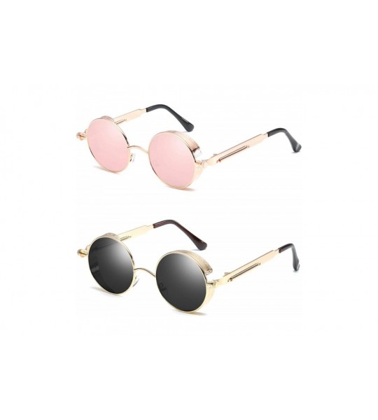 Shield Retro Gothic Steampunk Sunglasses for Women Men Round Lens Metal Frame - Gold Grey Pink Mirror - CV190T3X2N7 $29.89