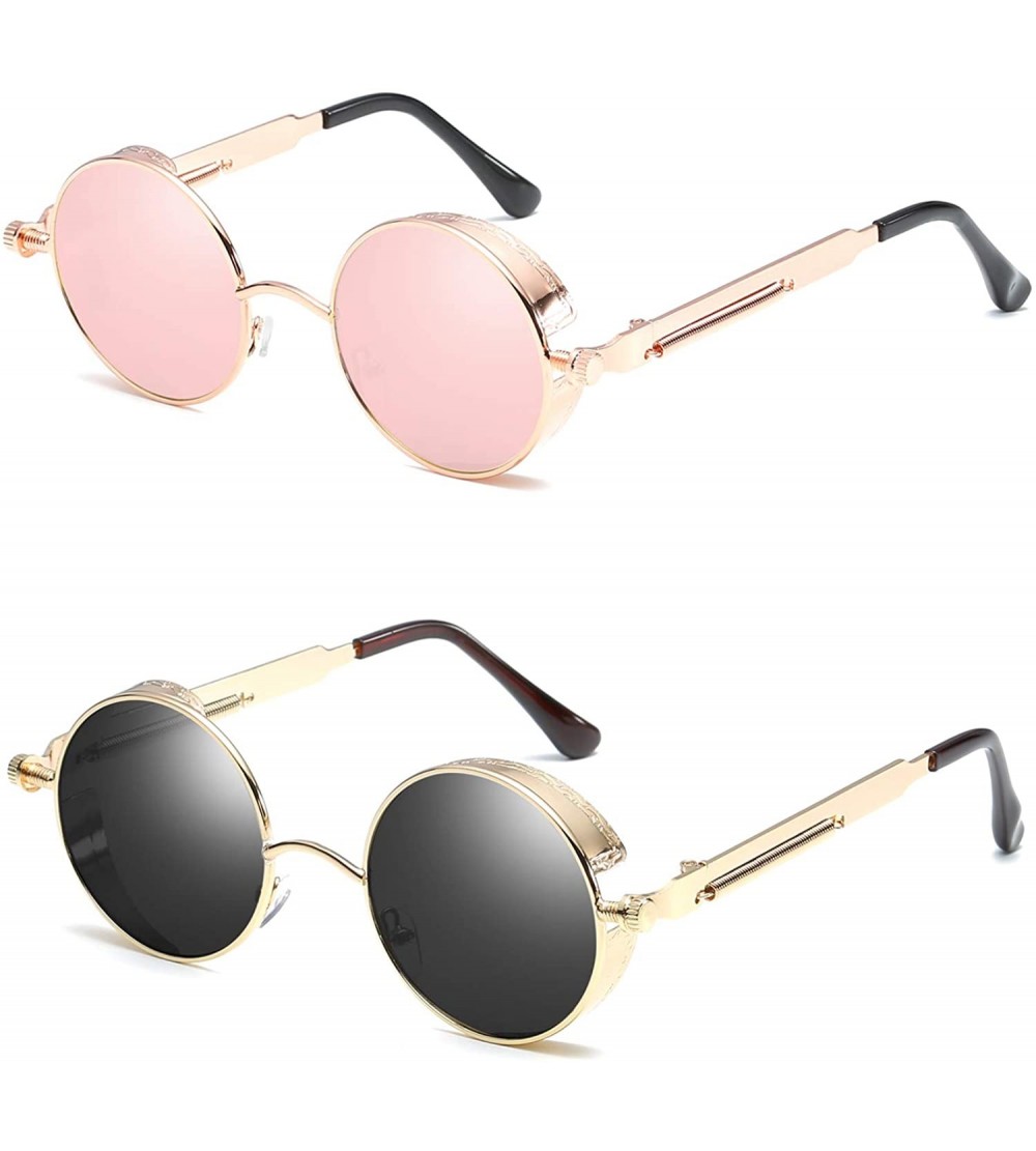 Shield Retro Gothic Steampunk Sunglasses for Women Men Round Lens Metal Frame - Gold Grey Pink Mirror - CV190T3X2N7 $29.89