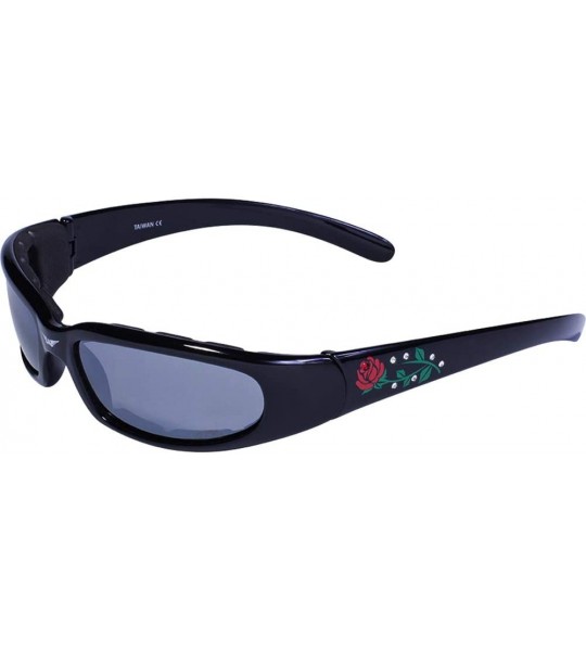 Sport Chicago Padded Motorcycle Sunglasses Rhinestone Rose Design Gloss Black Frames Flash Mirror Lenses - CB1140QIHU7 $42.05