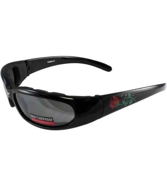 Sport Chicago Padded Motorcycle Sunglasses Rhinestone Rose Design Gloss Black Frames Flash Mirror Lenses - CB1140QIHU7 $42.05