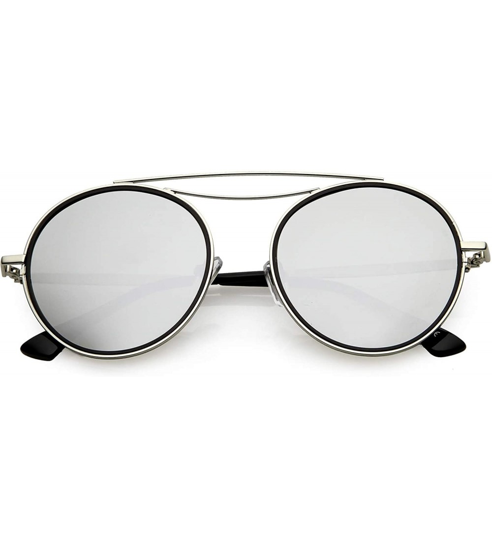 Round Polarized Round Aviator Sunglasses for Women Metal Brow Bar Mirrored Lens 52mm - Silver / Silver Mirror - CC12MXW3Z2R $...