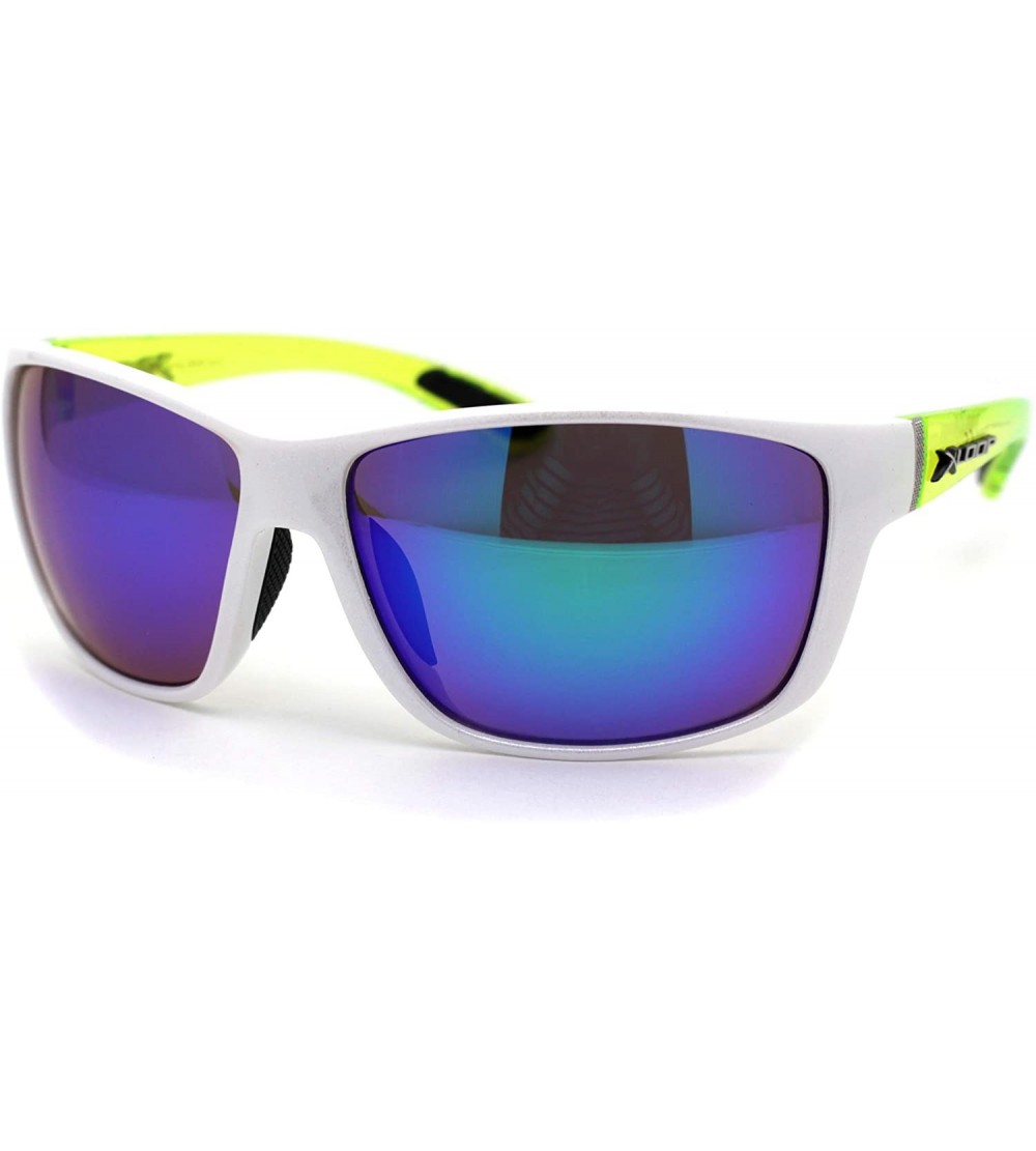 Sport Color Mirror Warp Around Mens Sport Plastic Sunglasses - White Green Teal Mirror - CP195UDORQH $23.02
