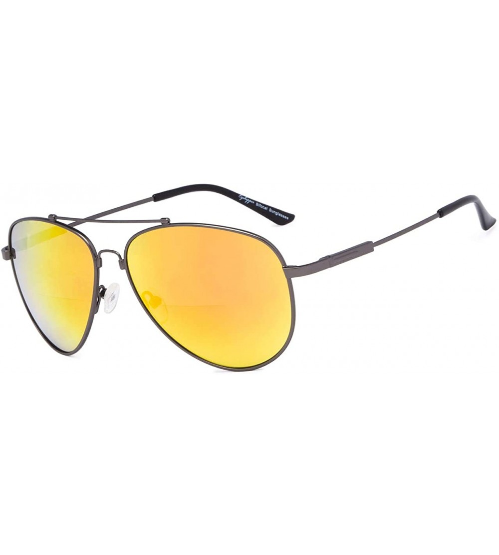 Aviator Bifocal Sunglasses - Polit Style Reading Sunglass with Memory Bridge and Arm - Gunmetal Frame Orange Mirror - CL18EGE...