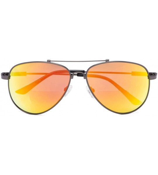 Aviator Bifocal Sunglasses - Polit Style Reading Sunglass with Memory Bridge and Arm - Gunmetal Frame Orange Mirror - CL18EGE...