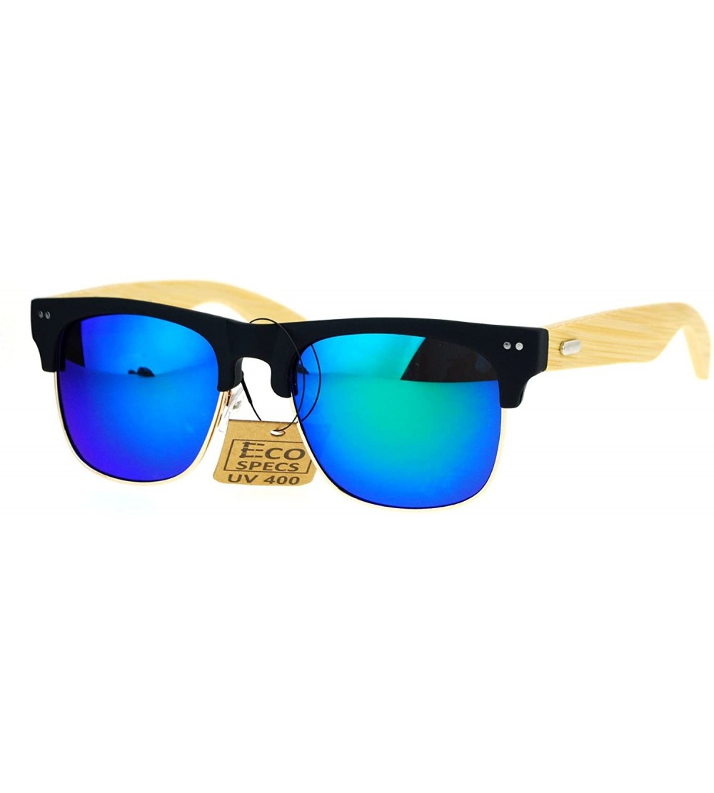 Square Real Bamboo Temple Sunglasses Square Matted Top Mirror Lens UV 400 - Black (Teal Mirror) - CU183Z7OO08 $23.44