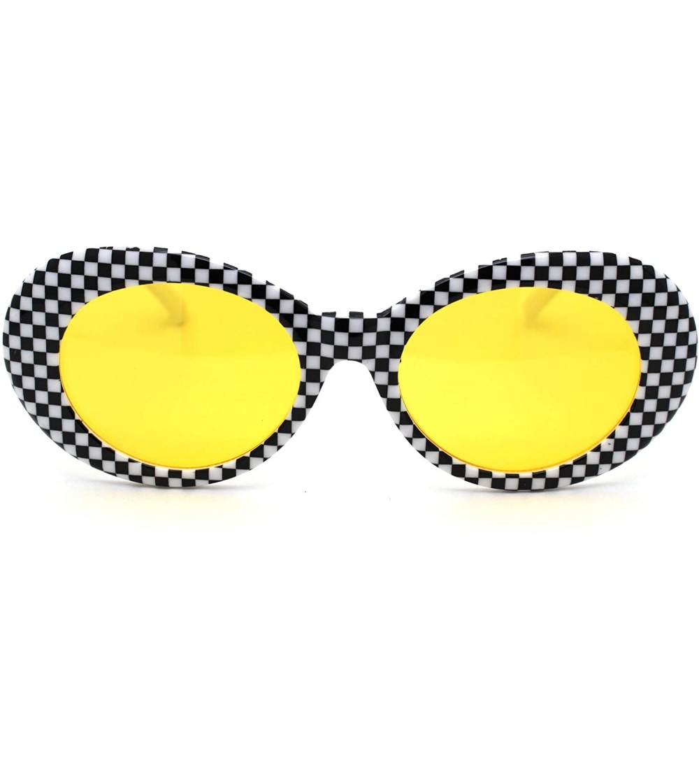 Oval Womens Checker Pattern Mod Oval Thick Plastic Sunglasses - White Yellow - CQ18YEEIN9S $23.09