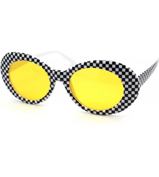 Oval Womens Checker Pattern Mod Oval Thick Plastic Sunglasses - White Yellow - CQ18YEEIN9S $23.09