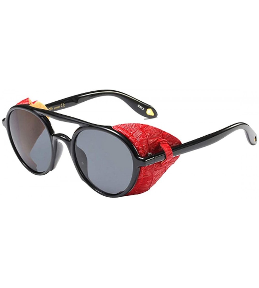 Round Women's Retro Classic Round Plastic Frame Sunglasses With Leather - Black Red Gray - CL18WE8LX87 $44.51
