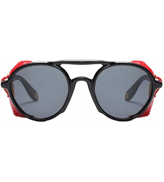 Round Women's Retro Classic Round Plastic Frame Sunglasses With Leather - Black Red Gray - CL18WE8LX87 $44.51